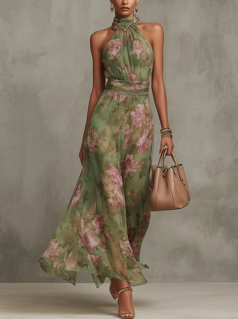 Green Floral Chiffon Halter Maxi Dress