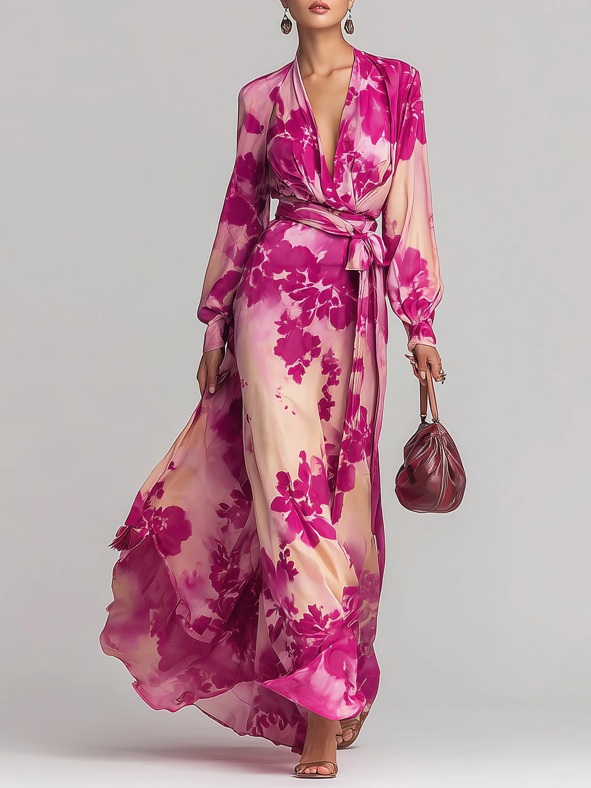 Rose Red Floral V-neck Belted Maxi Dress