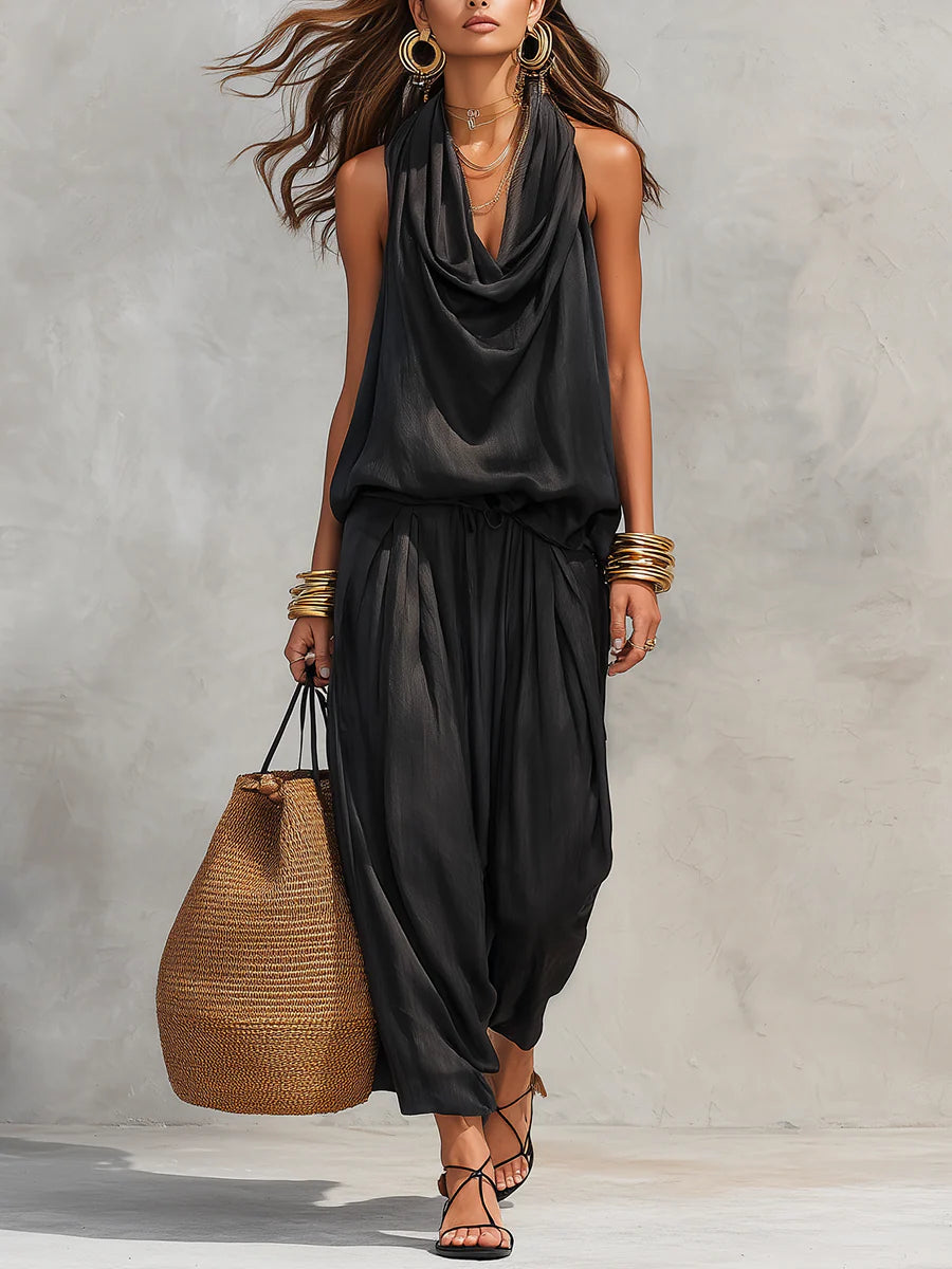 Black Halter Neck Sleeveless Top And Pleated Trousers Set