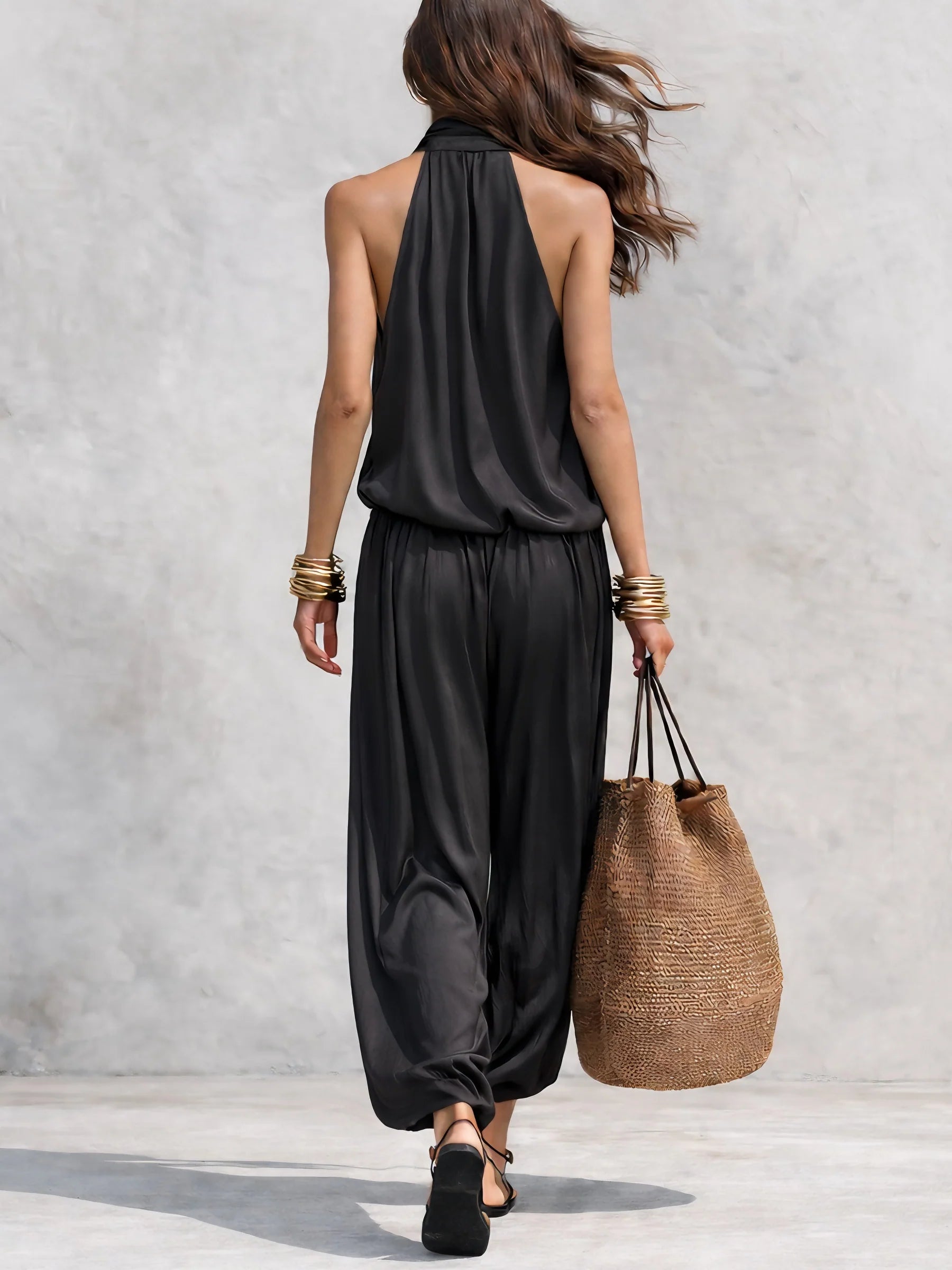 Black Halter Neck Sleeveless Top And Pleated Trousers Set