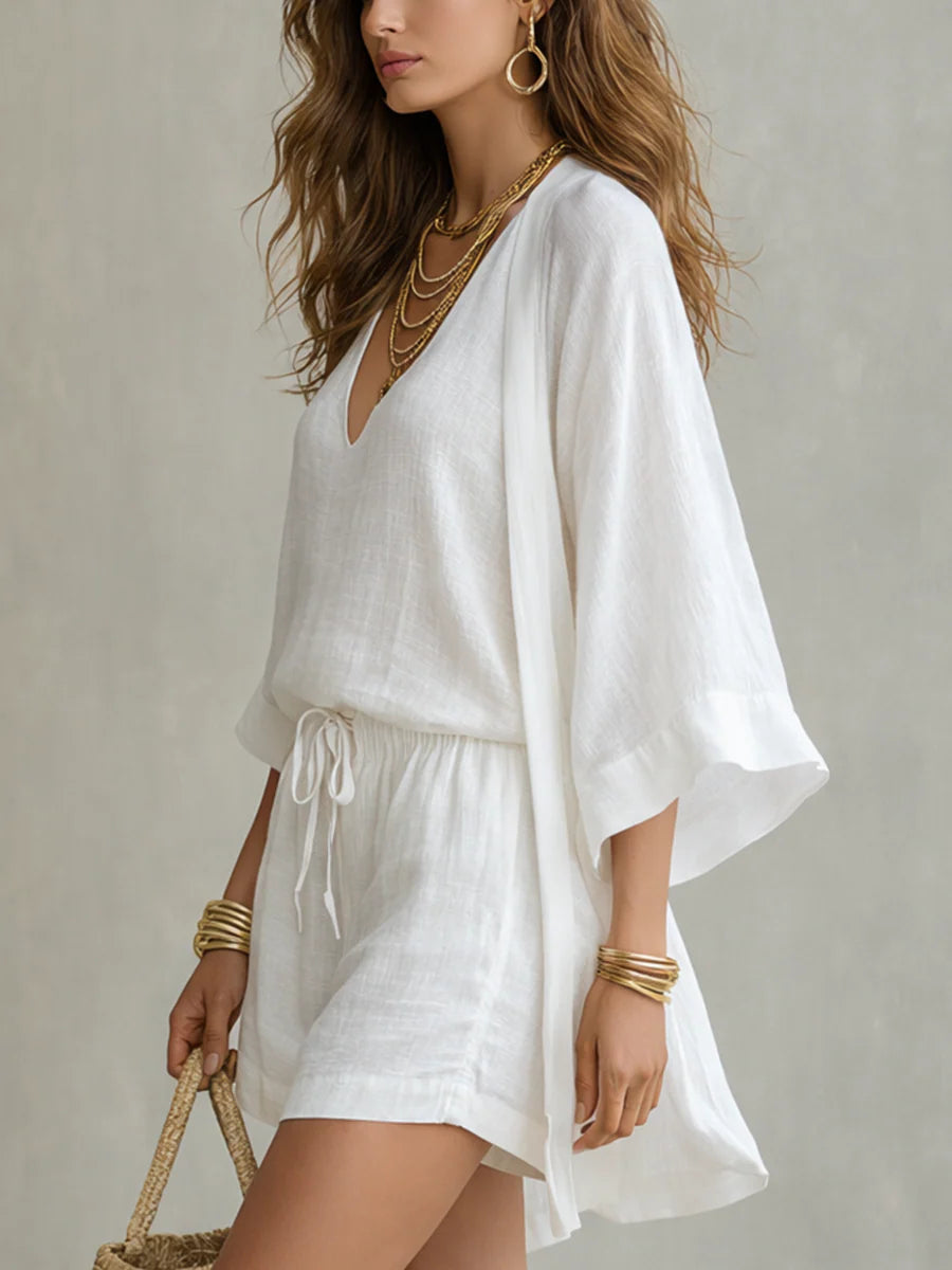 White Loose Cardigan And Drawstring Shorts Three-piece Set
