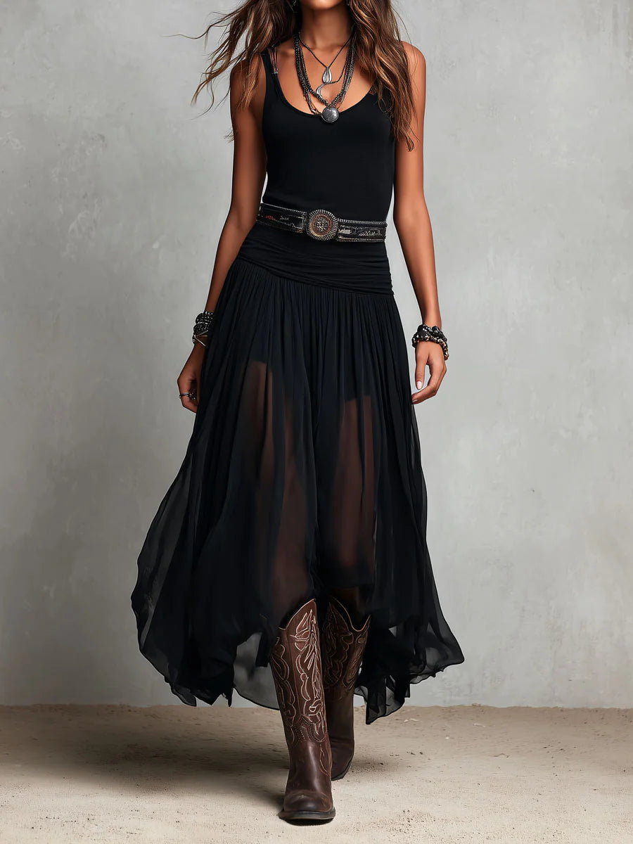 Black Sleeveless Tank Top With Tulle Skirt Maxi Dress(with belt)