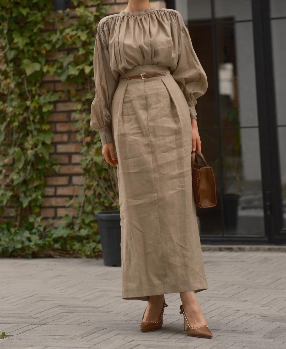 Khaki Elegant Pleated Top and Skirt Two-Piece Set