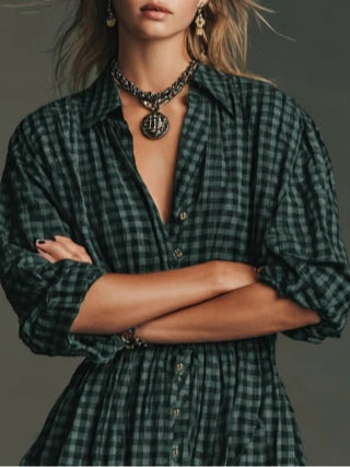 Dark Green Plaid Long Sleeve Shirt Maxi Dress