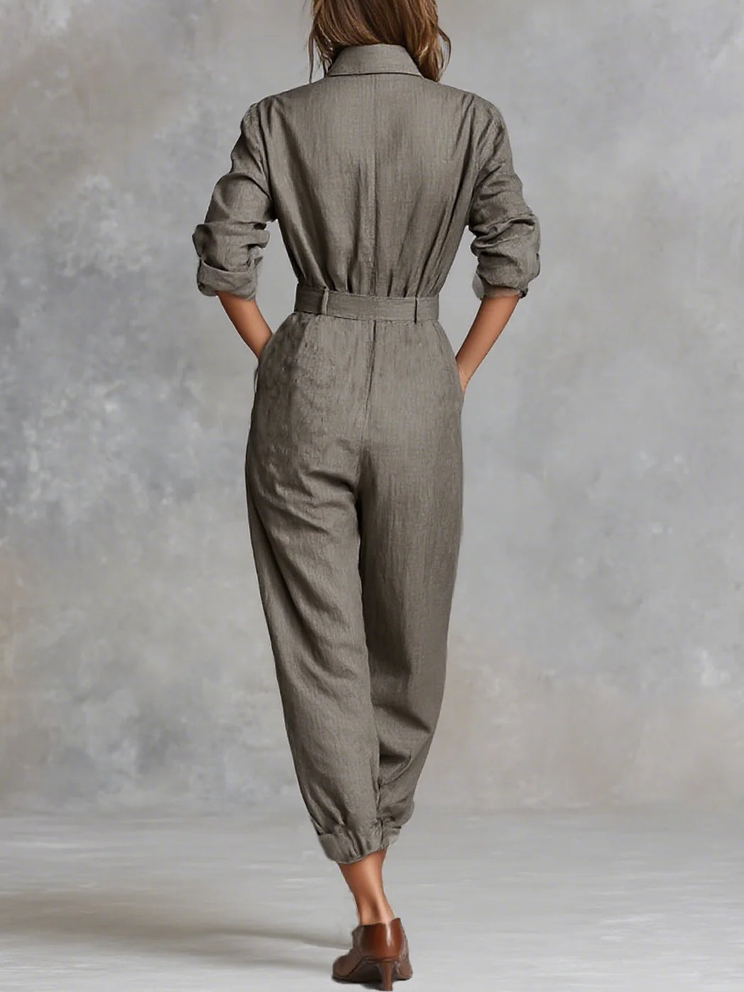 Cotton And Linen Blended Long Sleeve Shirt Jumpsuit