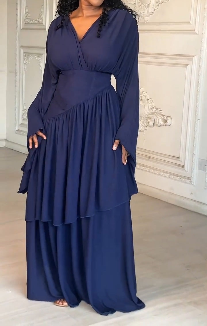 Navy V-neck Long-sleeved Layered Maxi Dress