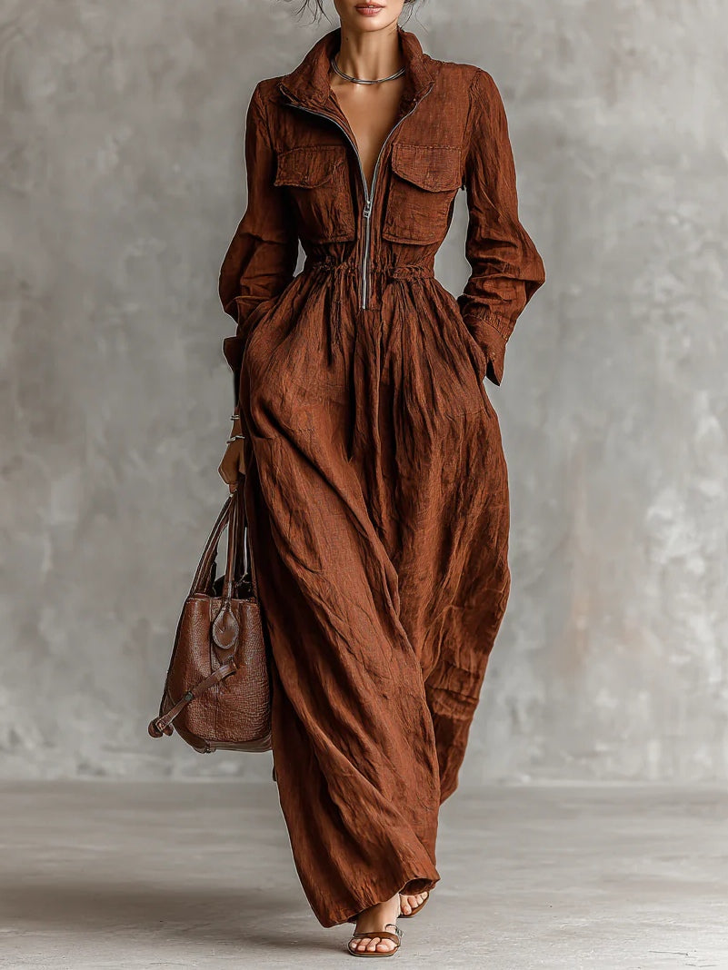 Brown-red Cotton And Llinen Zippered Lapel Elastic Waist Jumpsuit