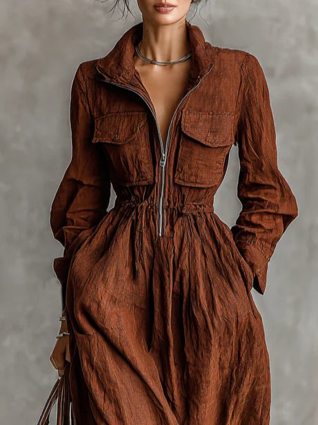 Brown-red Cotton And Llinen Zippered Lapel Elastic Waist Jumpsuit