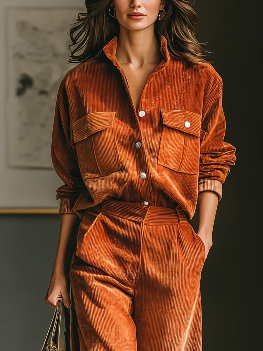 Orange Corduroy Shirt And Pants Two-piece Suit