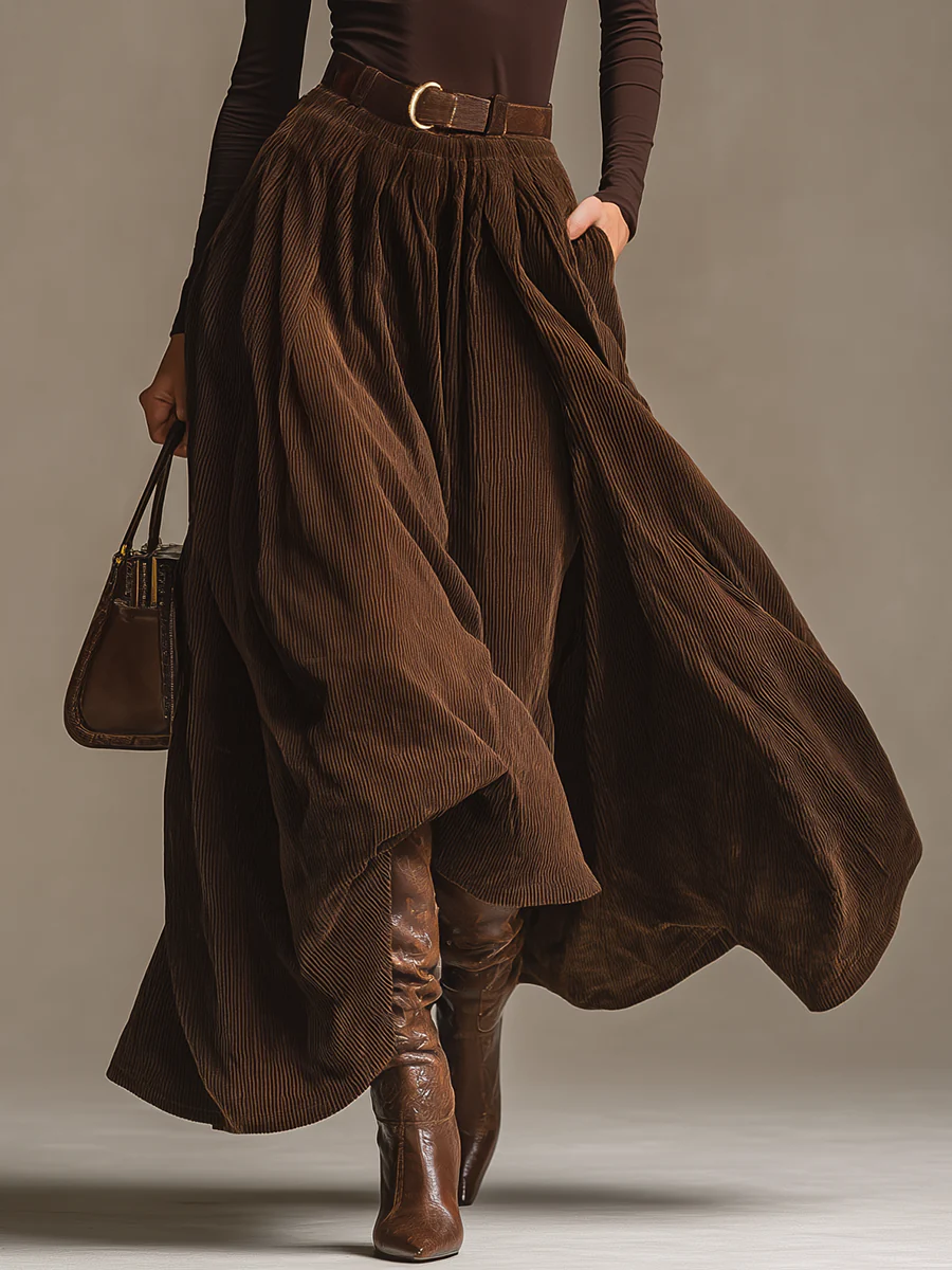 Dark Brown Turtleneck Top And Corduroy Skirt Set