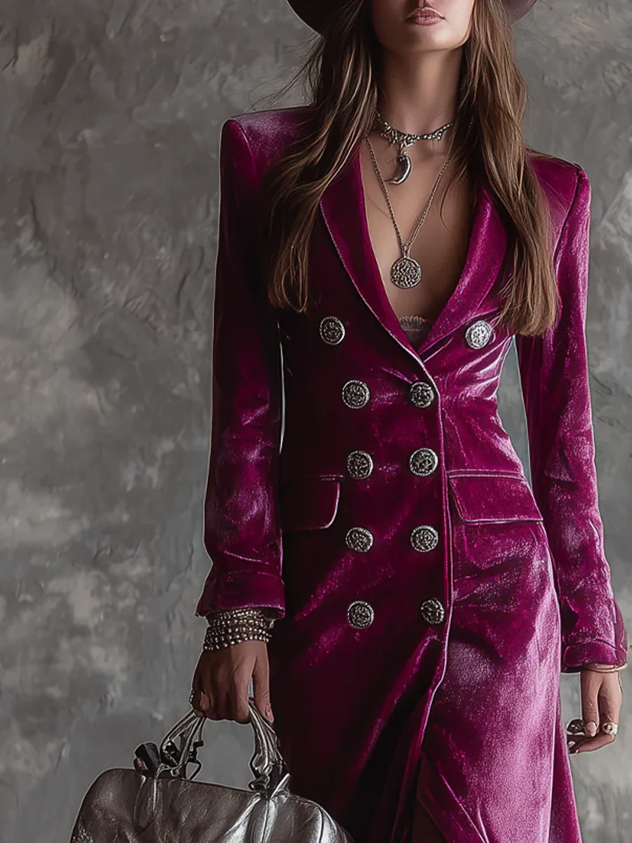 Purple Button-Down Velvet Long Blazer Maxi Dress