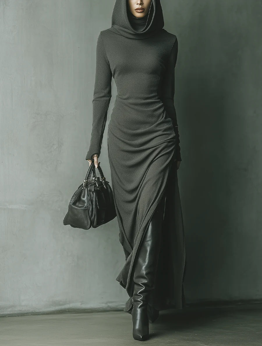Dark Grey High Elastic Knitted Hooded Maxi Dress