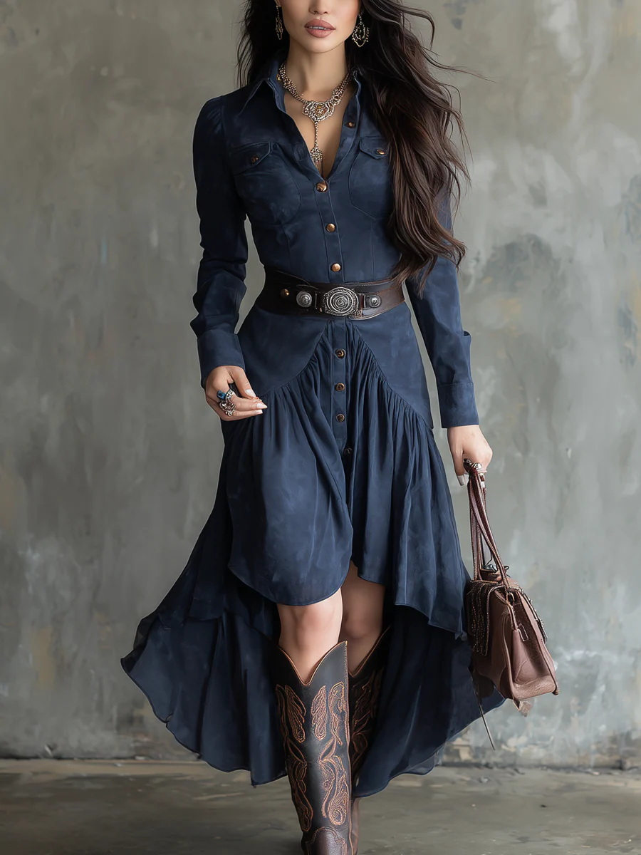 Retro Blue Lapel Button Pocket Irregular Flowy Midi Dress(With belt)