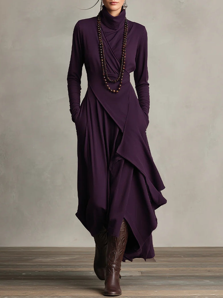 Purple High-neck Asymmetrical Pleated Maxi Dress(Necklace not included)