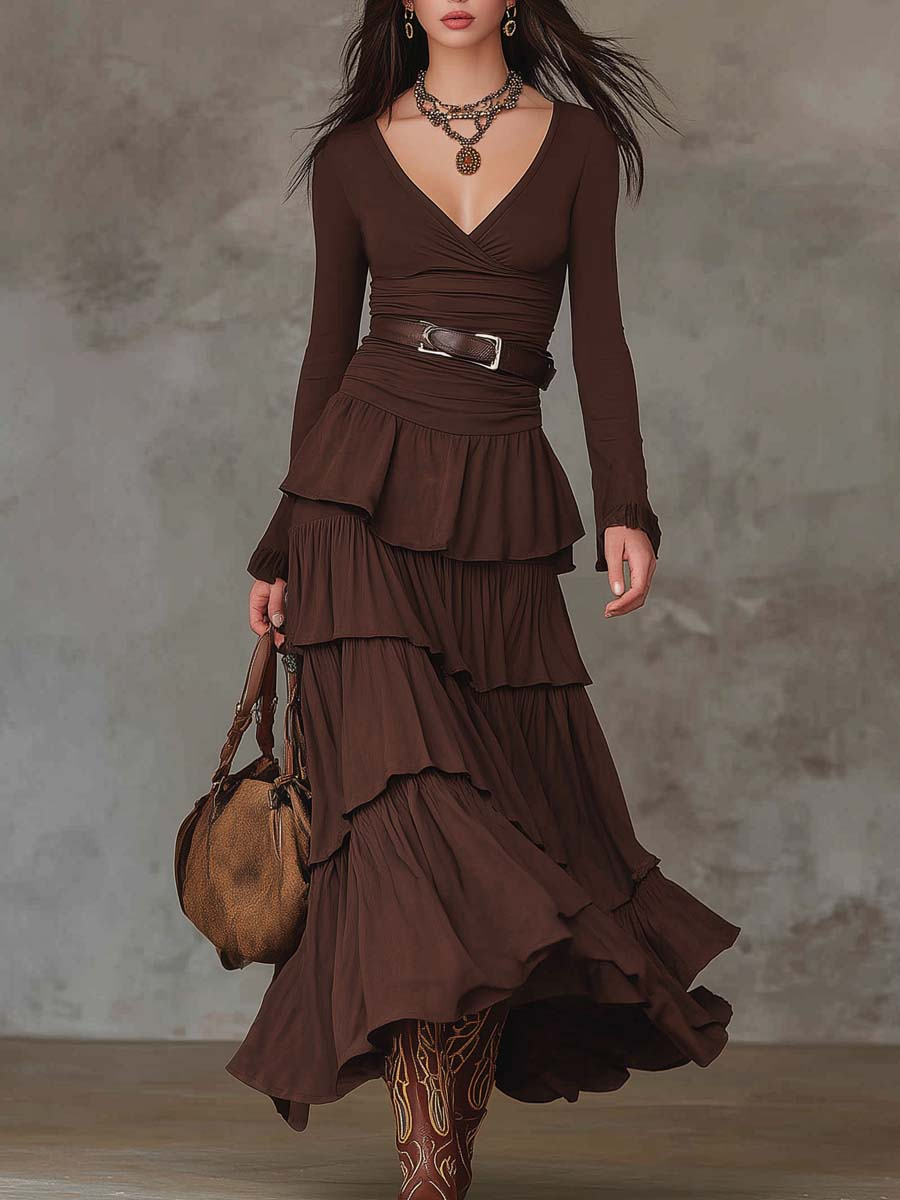 Brown Retro V-neck Multi-layered Ruffled Maxi Dress(With belt)