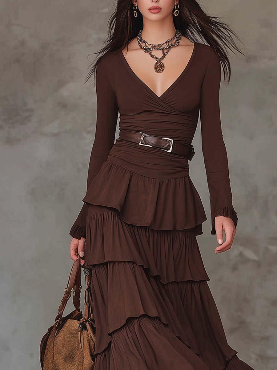 Brown Retro V-neck Multi-layered Ruffled Maxi Dress(With belt)