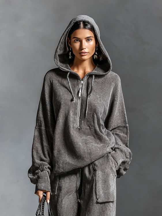 Dark Gray Casual Corduroy Hooded Sweatshirt and Straight-leg Pants Two-piece Set