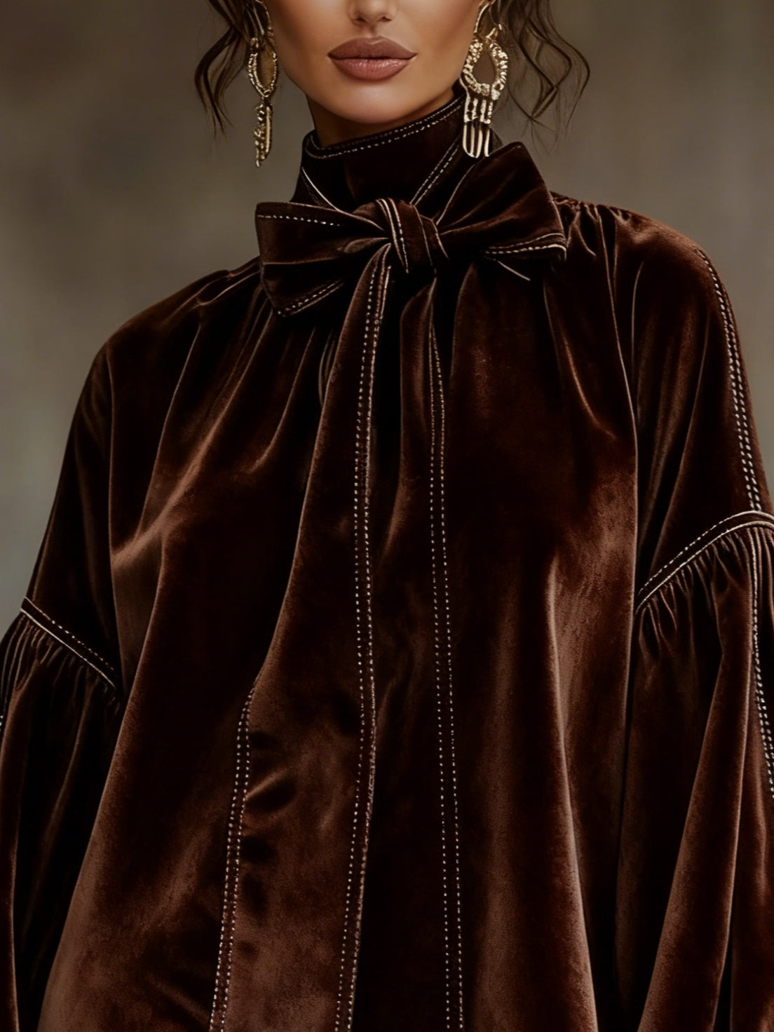 Dark Brown Velvet Bow Lantern Sleeve Mini Dress