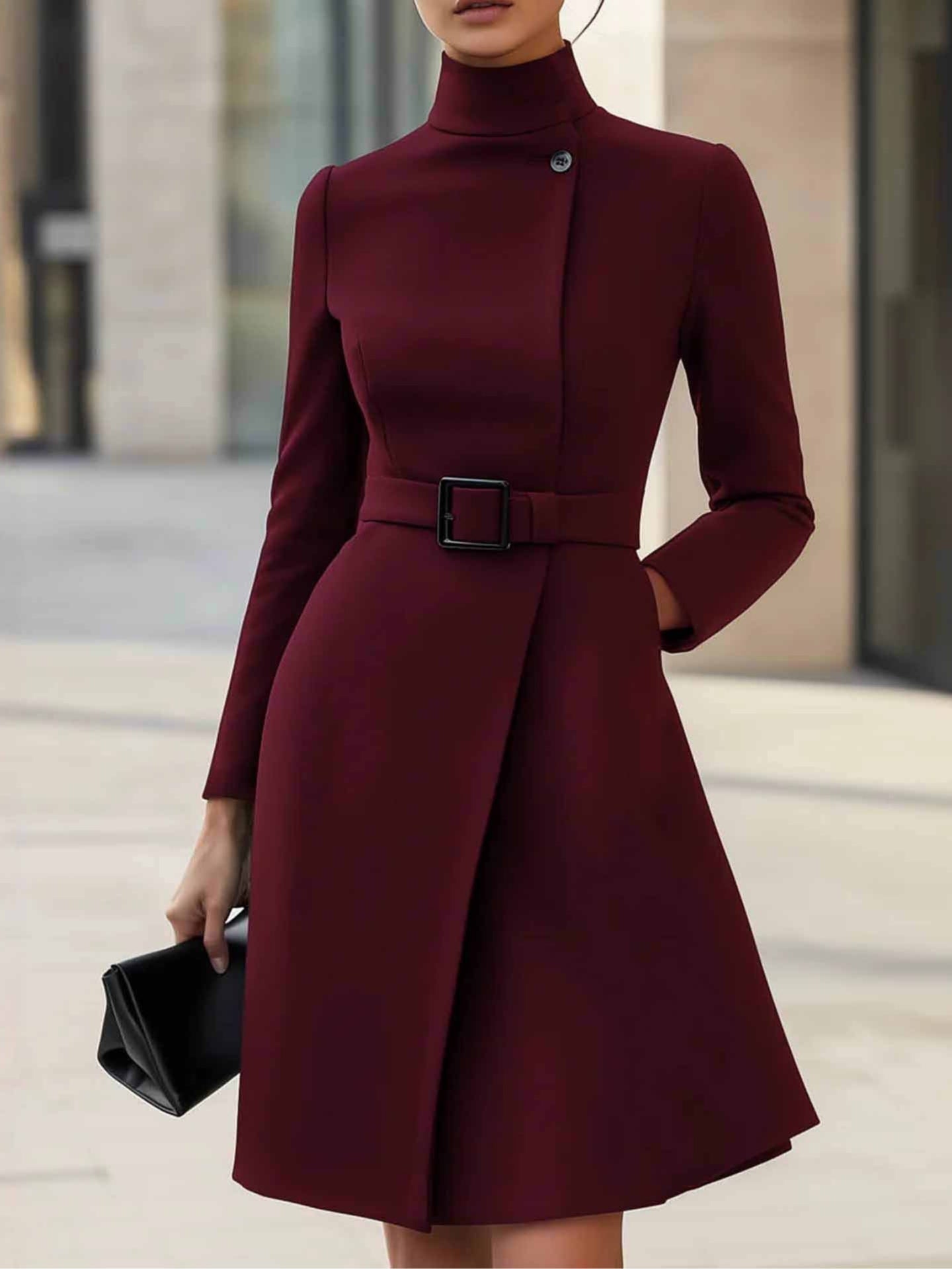 Elegant High-neck Tie-waist A-line Midi Dress (with belt)