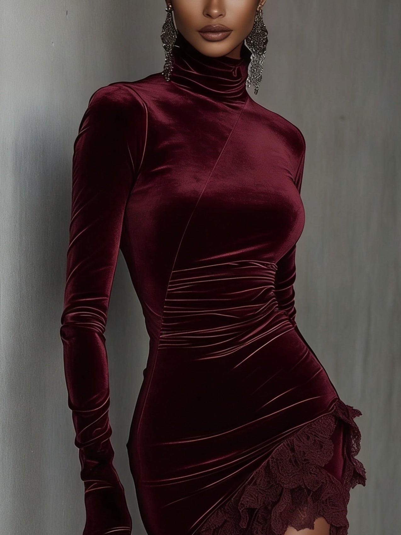 Burgundy Velvet Turtleneck Lace Hem Fitted Mini Dress