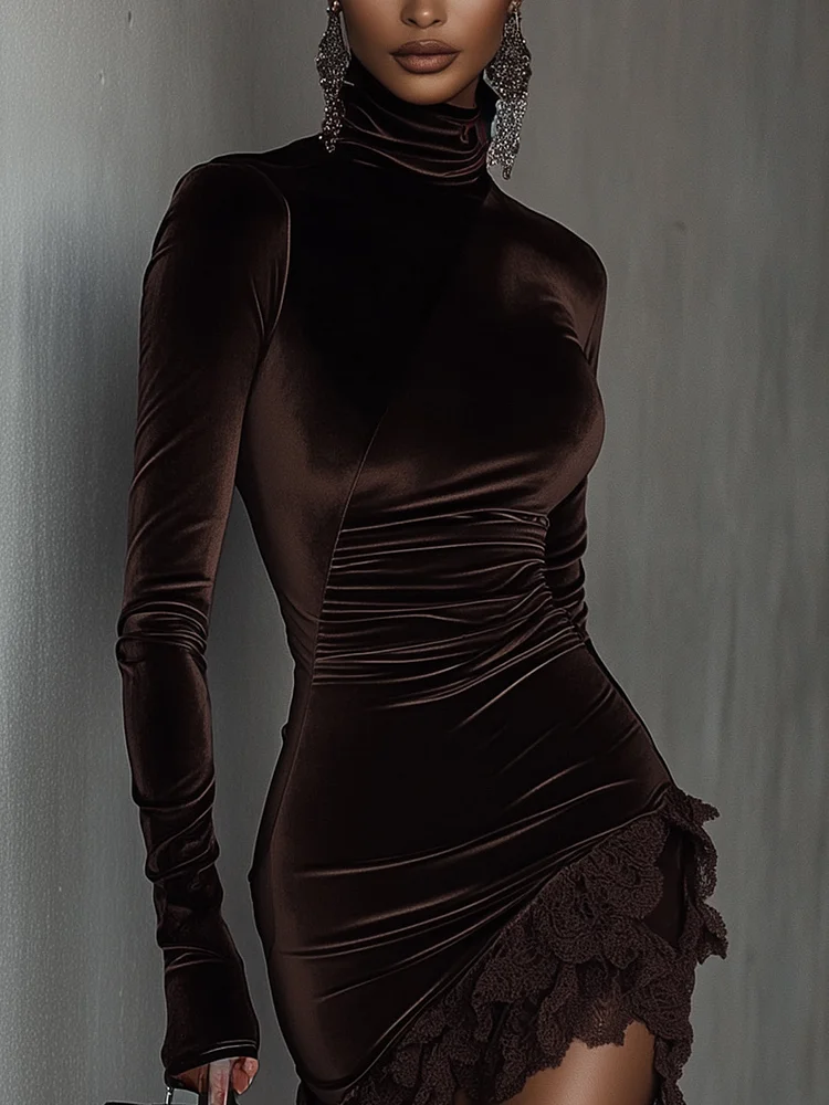 Chocolate Velvet Turtleneck Lace Hem Fitted Mini Dress