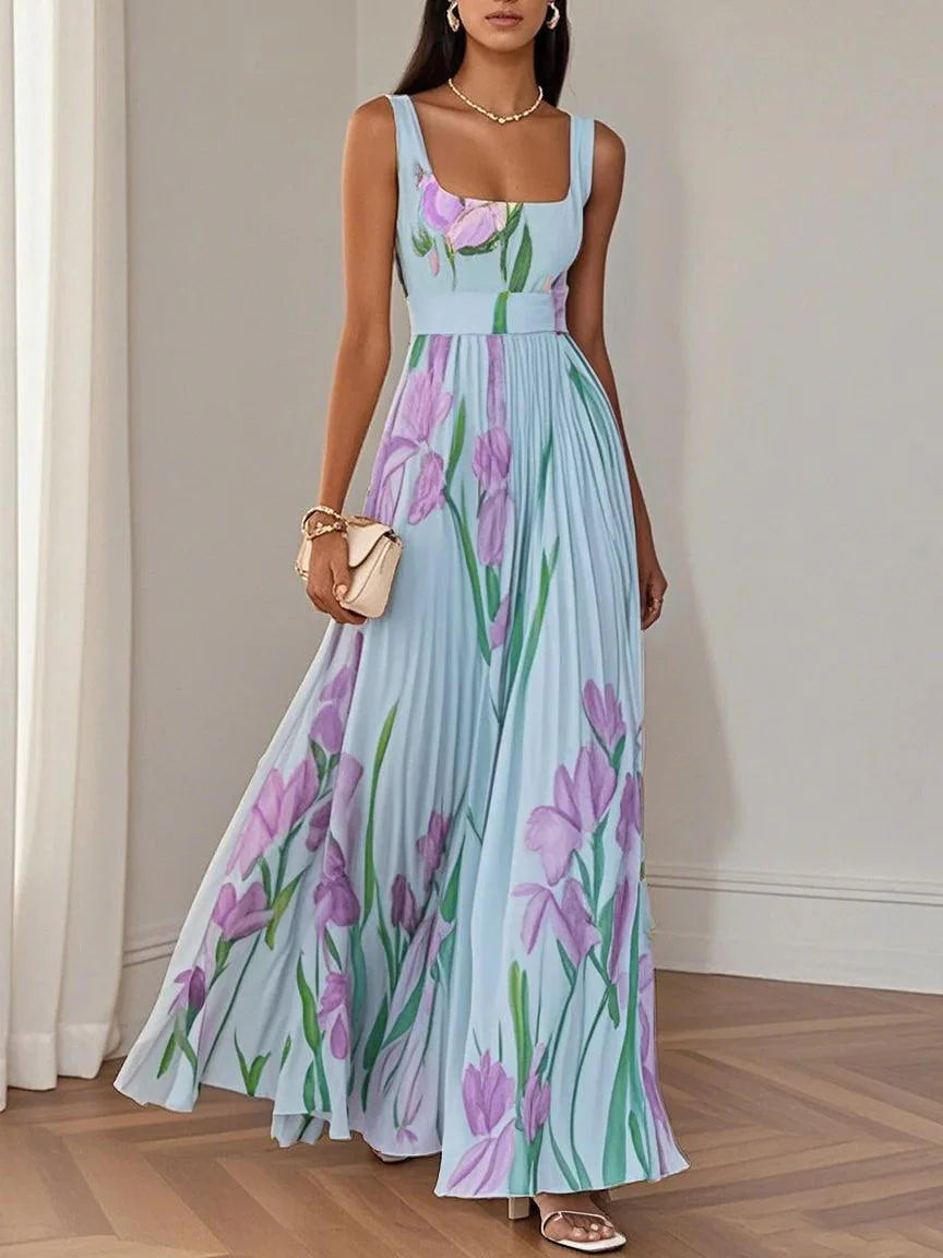 White Pleated Floral Chiffon Square Neck Sleeveless A-Line Maxi Dress