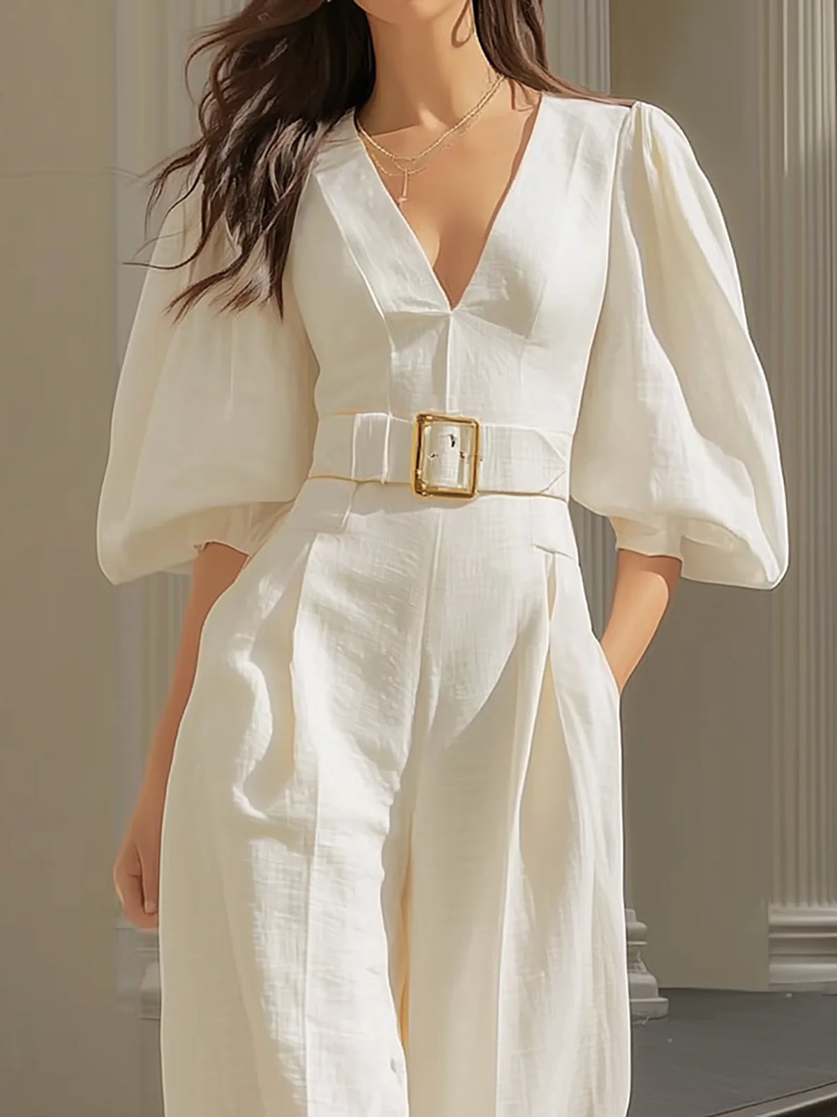 White V-neck lantern sleeve wide-leg jumpsuit(Includes belt)