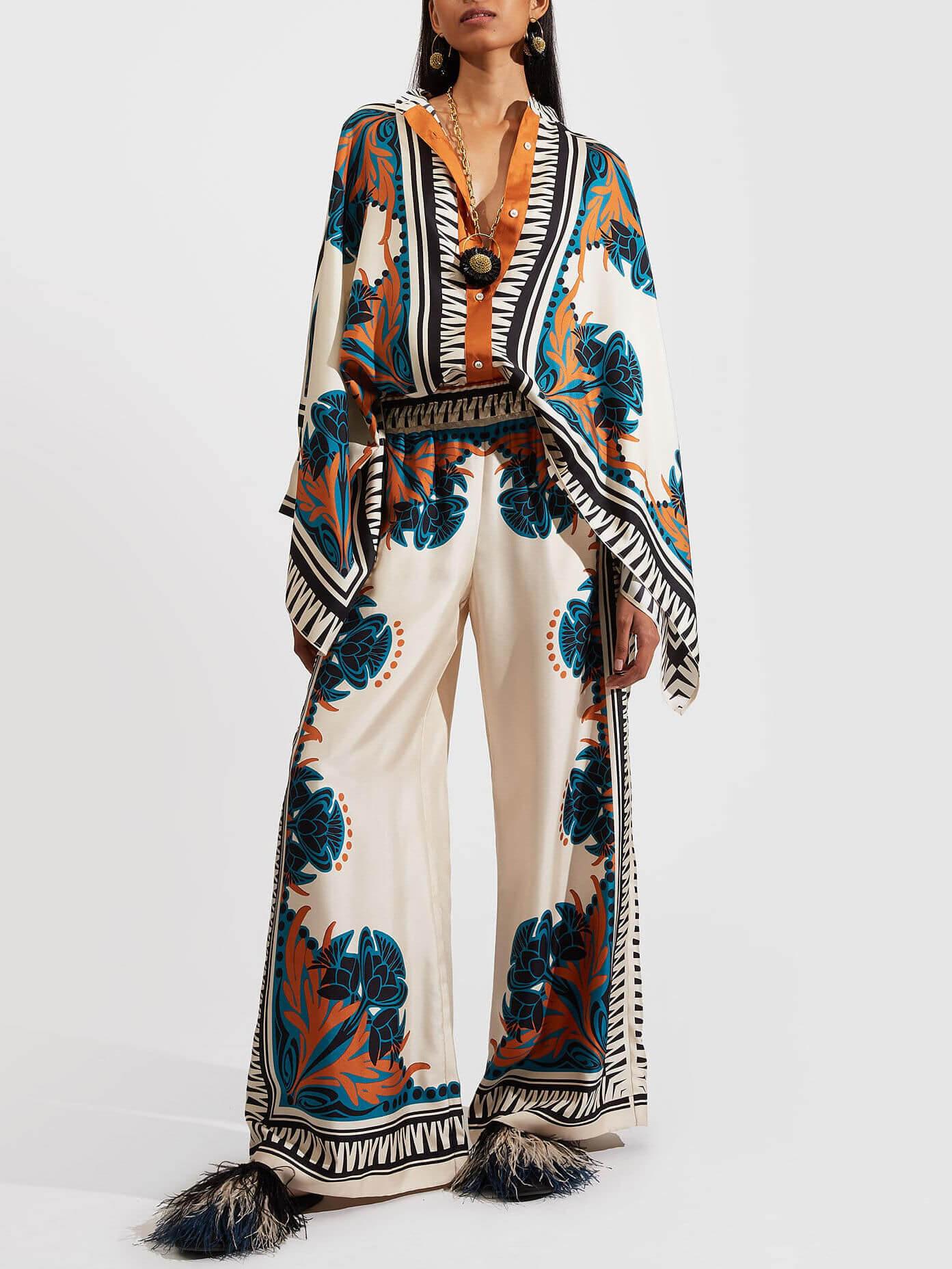 Fine Satin Floral Print Batwing Sleeve Shirt+Pants Suit