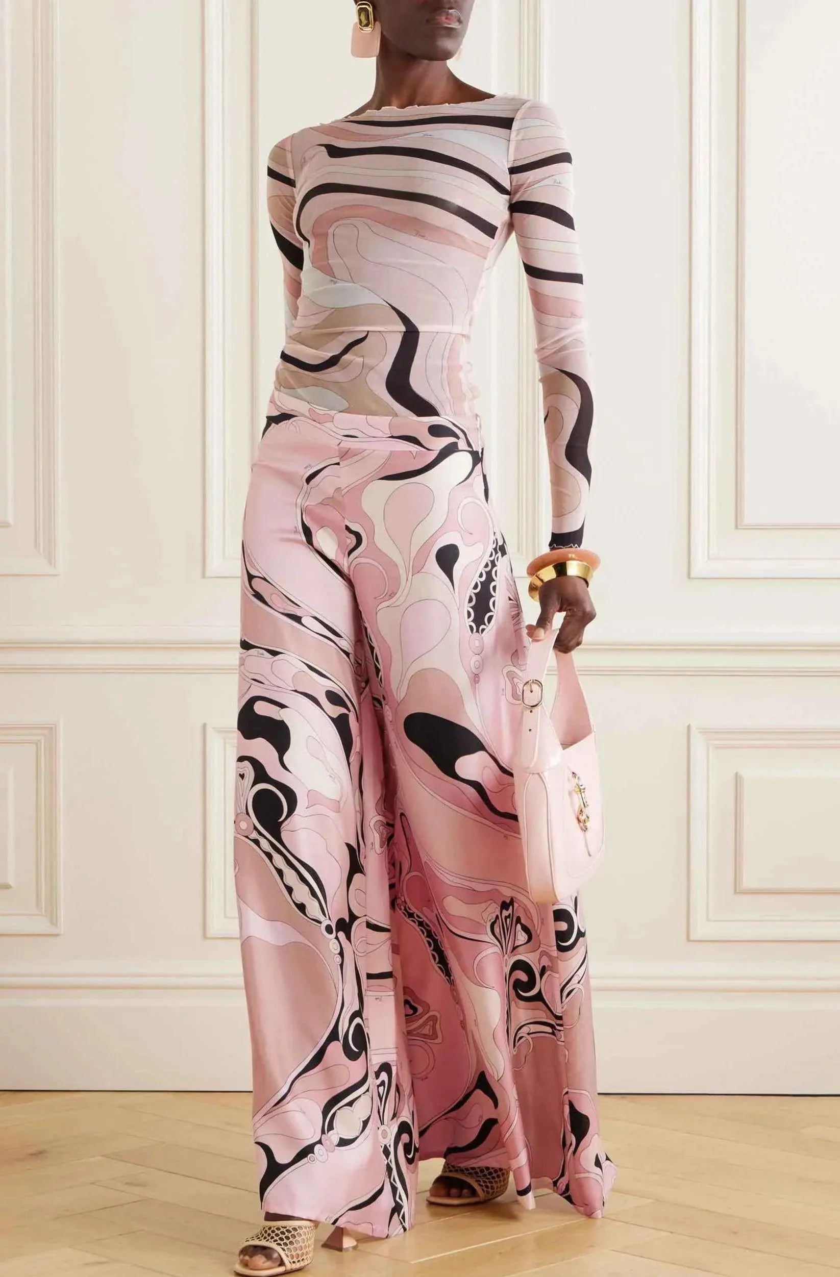 Retro Geometric Abstract Ruffled Mesh Pant Set