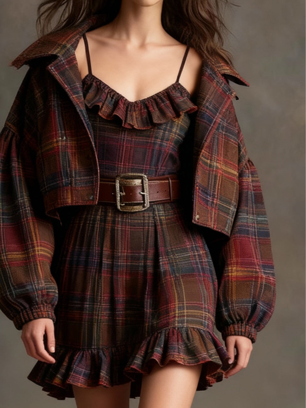 Vintage Plaid Ruffle Mini Dress and Loose Jacket Set(Includes belt)