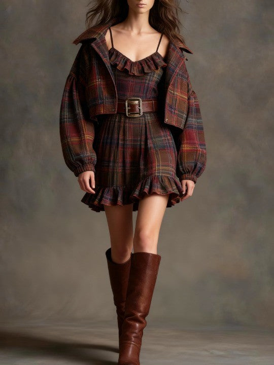 Vintage Plaid Ruffle Mini Dress and Loose Jacket Set(Includes belt)