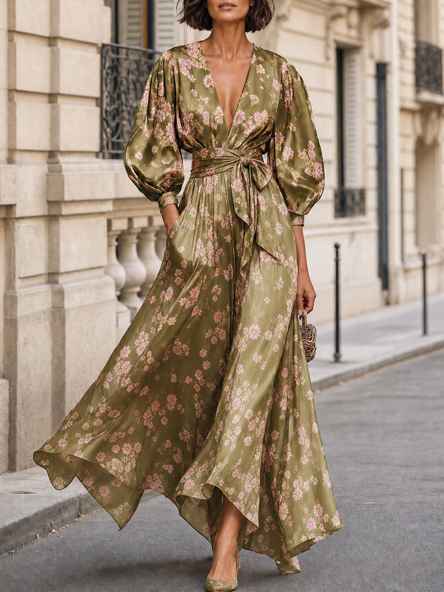 French Floral Print V-Neck Puff Sleeve Belted Maxi Dress