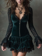 Dark green velvet mini dress with lace sleeves