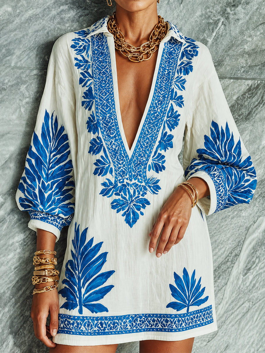 Casual Loose Ethnic Floral Print V-Neck Mini Dress