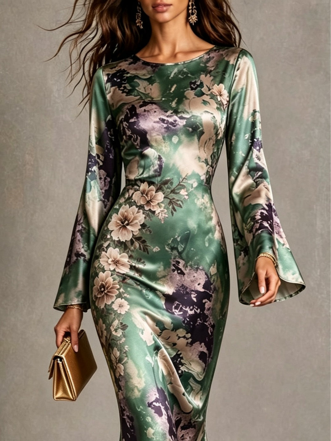 Green Floral Satin Mermaid Dress