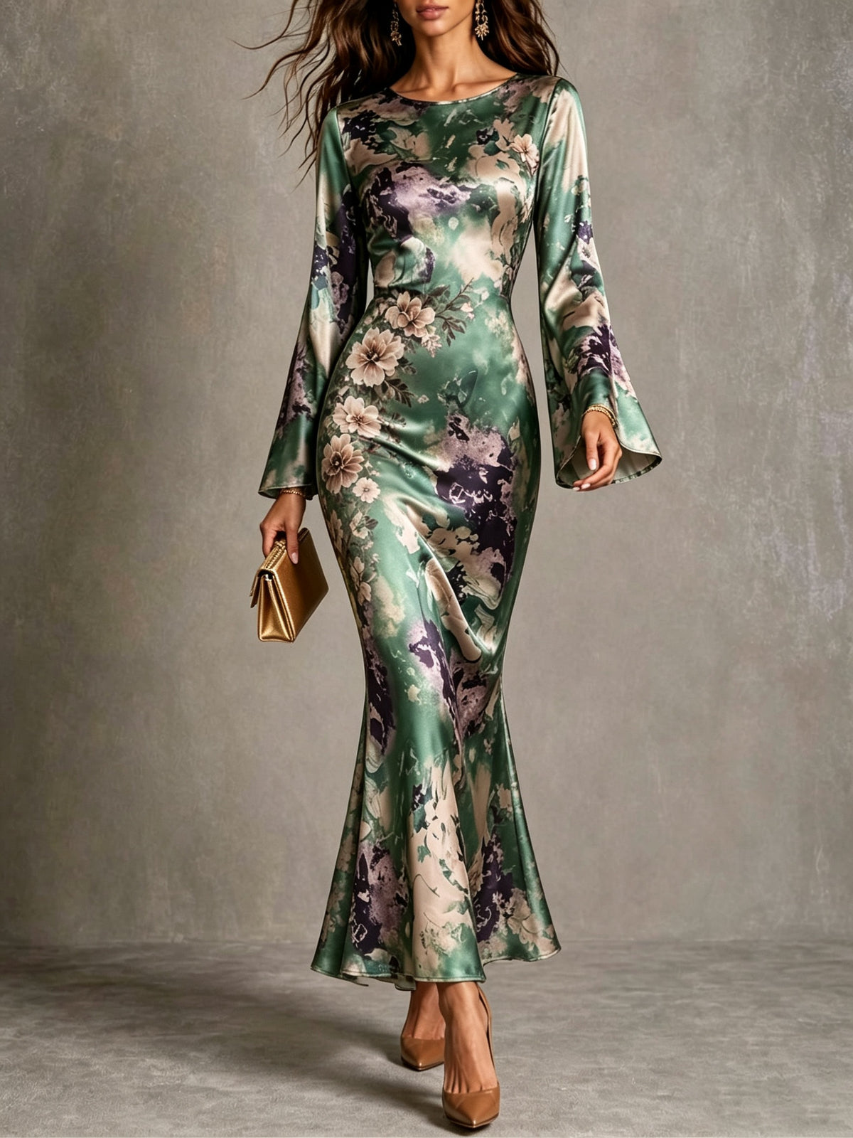 Green Floral Satin Mermaid Dress