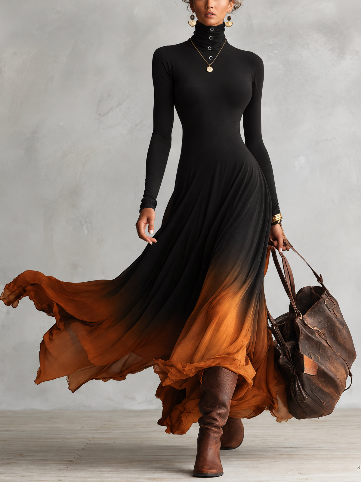 Black high-neck maxi dress with an orange ombré hem