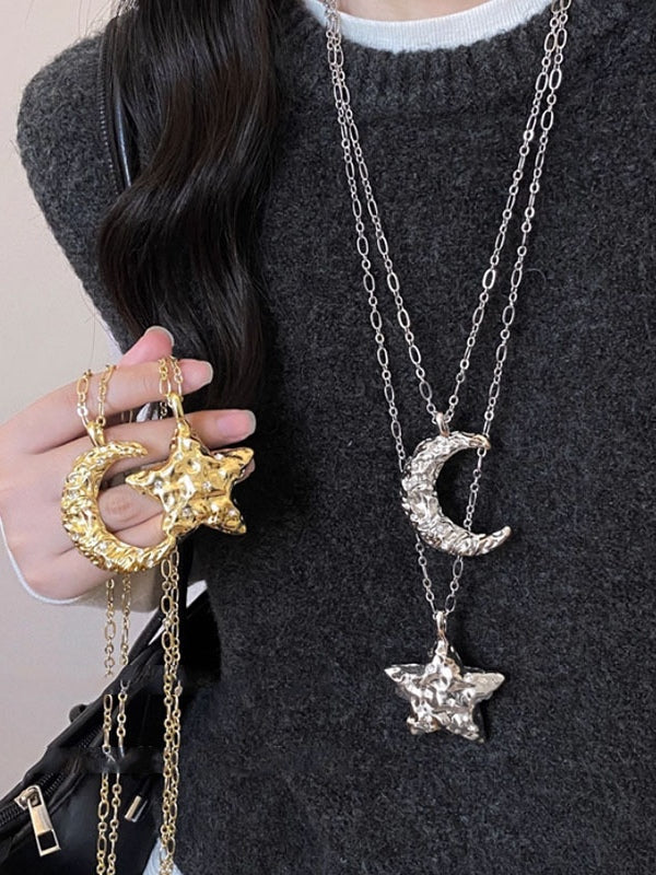 Retro Women's Silver Star and Moon Necklace
