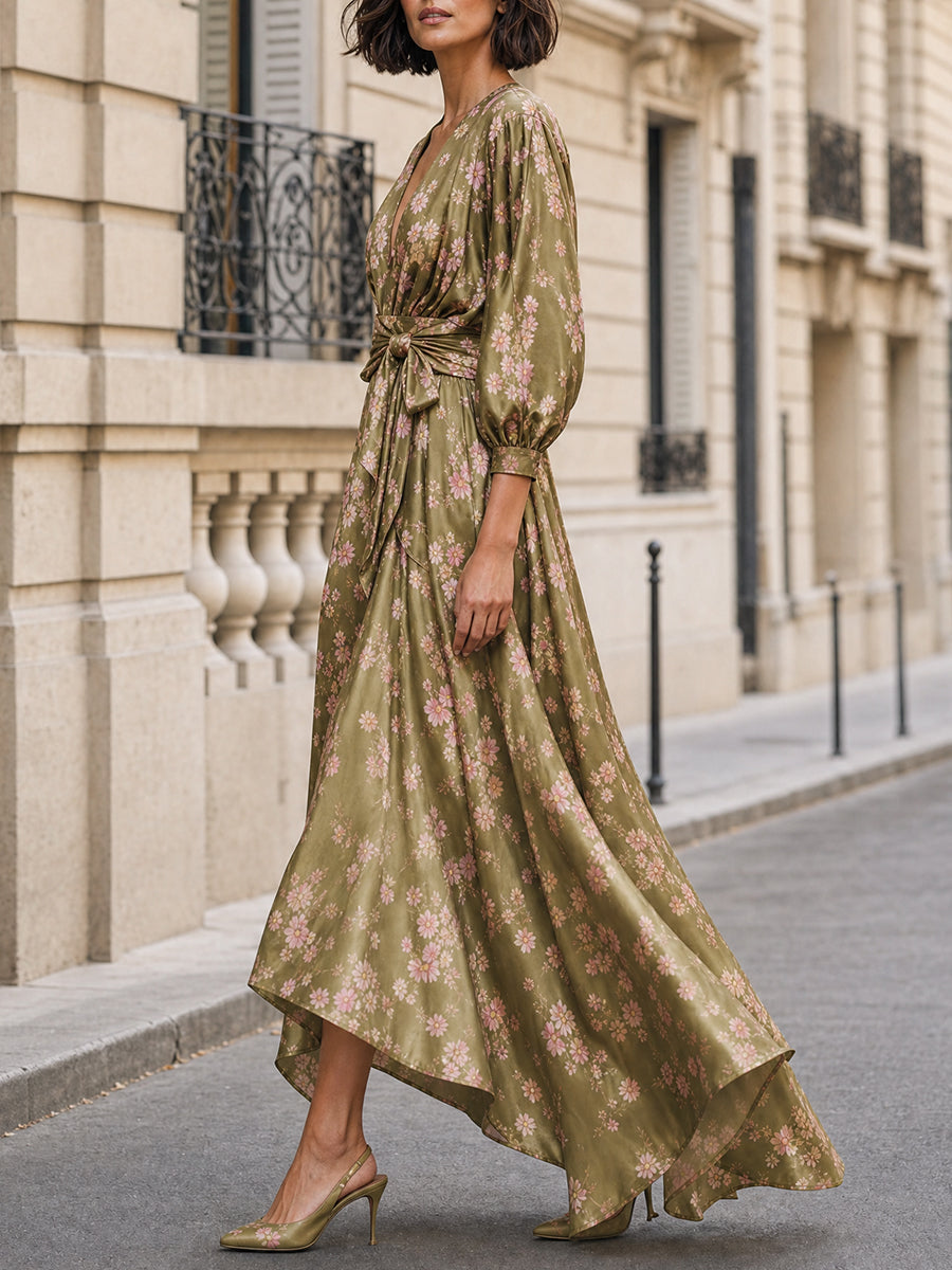 French Floral Print V-Neck Puff Sleeve Belted Maxi Dress