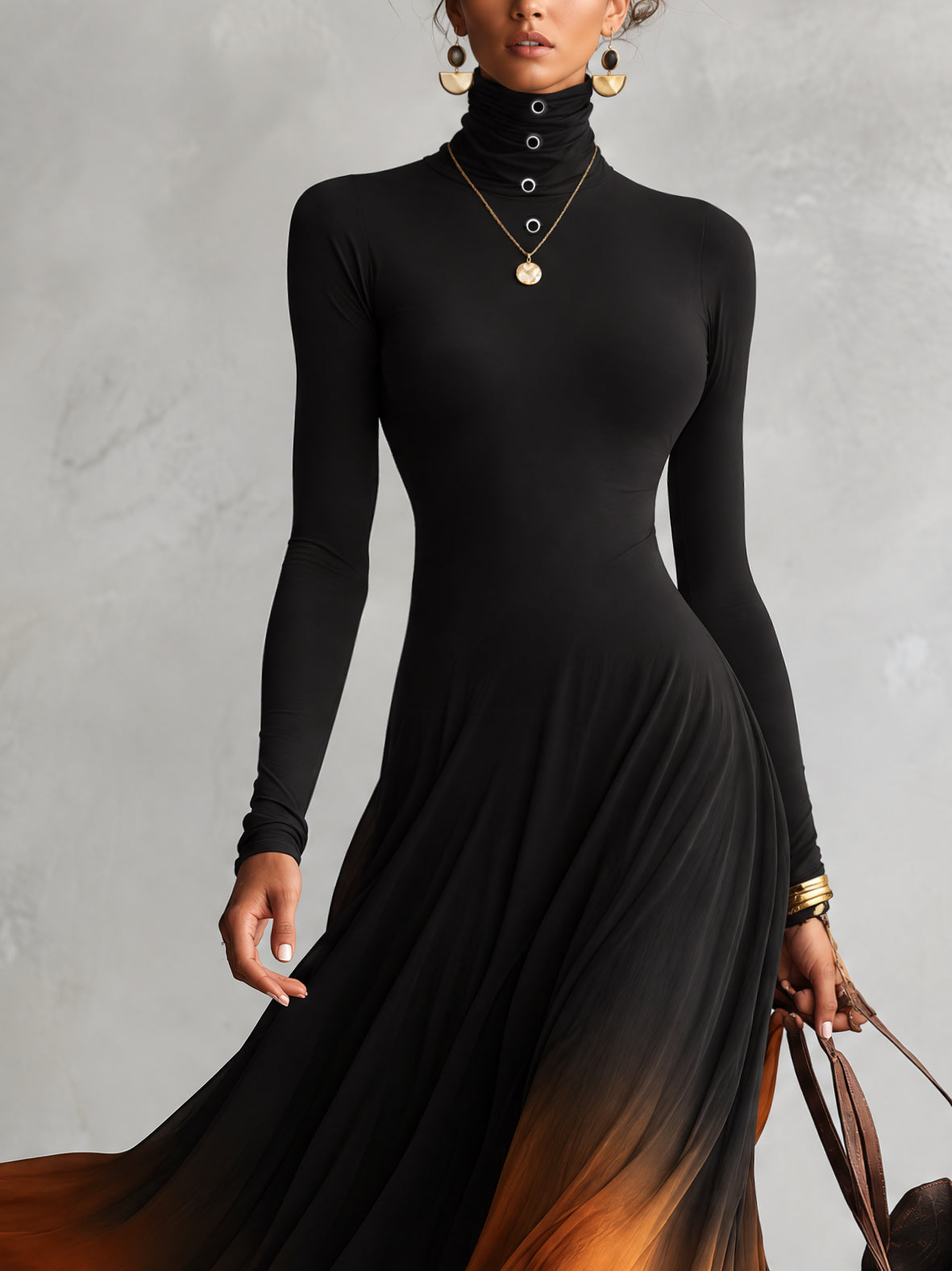 Black high-neck maxi dress with an orange ombré hem