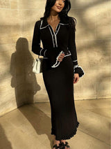 Contrast color Chanel style knitted elegant maxi dress