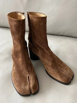 Genuine leather split-toe chunky heel mid-calf Martin boots