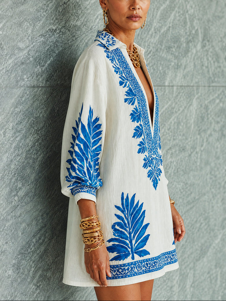 Casual Loose Ethnic Floral Print V-Neck Mini Dress