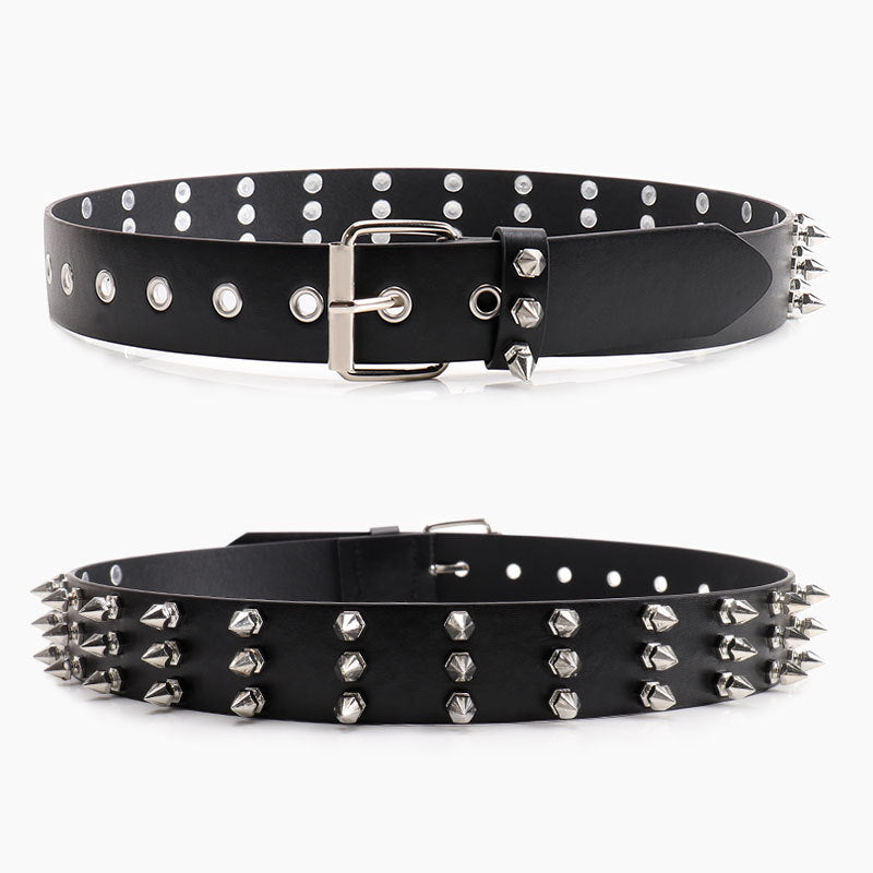 Three-row pointed bead rivet women's belt