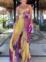 Strapless printed pleated maxi dress