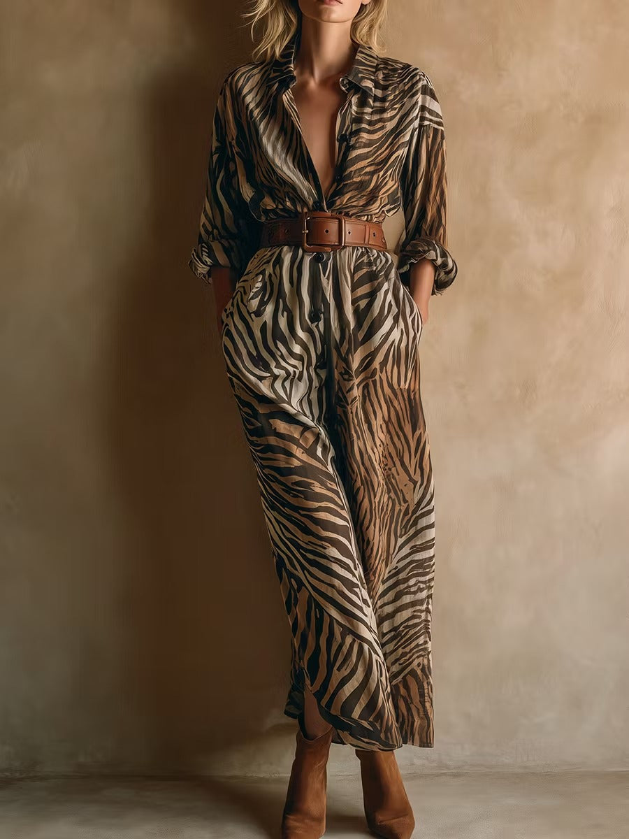 Retro Casual Gradient Zebra Print Long-Sleeved Maxi Dress(Includes belt)