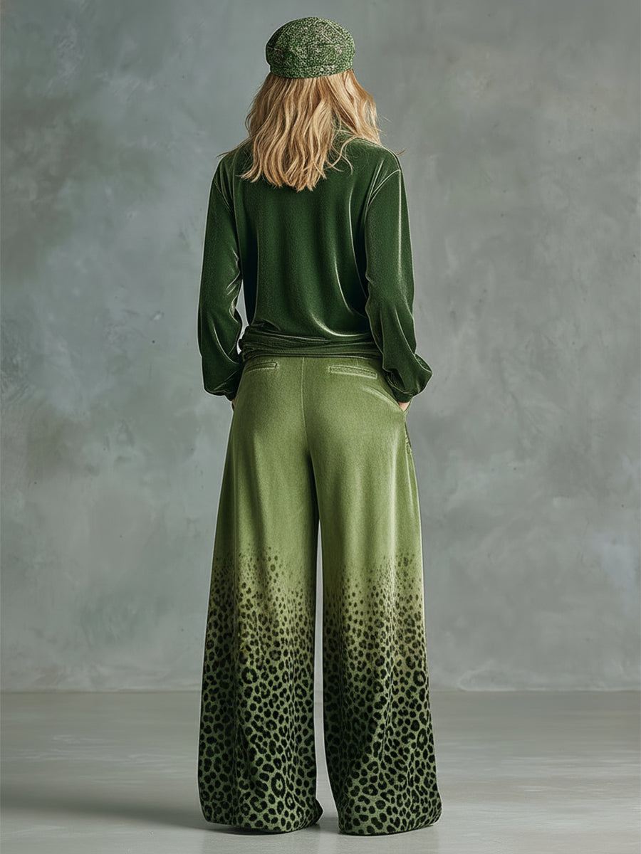 Trendy Retro Sporty Green Velvet Top And Leopard Print Wide-leg Pants Set