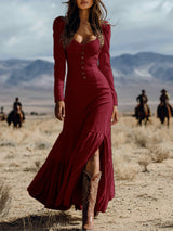 Western style button long sleeve sexy maxi dress
