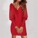 Women's V-neck long-sleeved printed lace patchwork dress