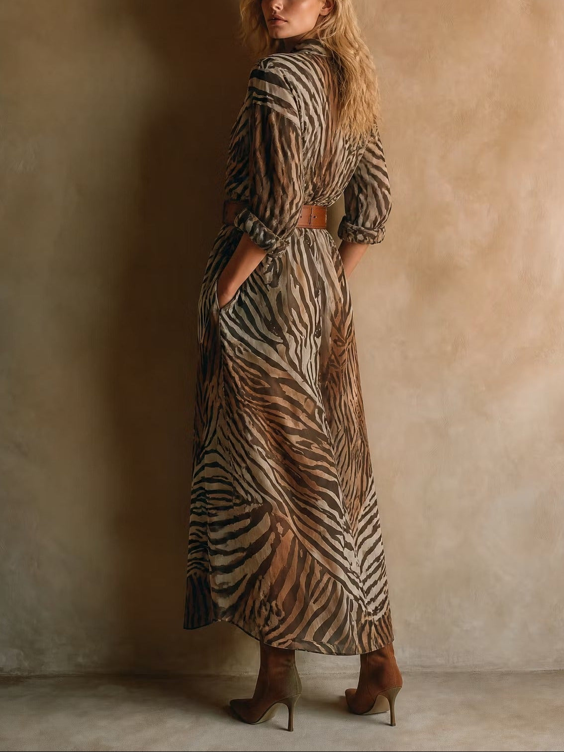 Retro Casual Gradient Zebra Print Long-Sleeved Maxi Dress(Includes belt)